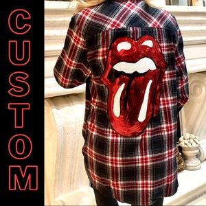 CUSTOM Rolling Stones Sequin Red Lips Tongue Appliqué Vintage Flannel Shirt